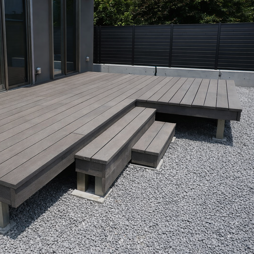 埼玉県さいたま市で外構工事を行うガイコーによるウッドデッキ施工例。建物との高さ関係や使い勝手を考慮した外構工事を行っています。