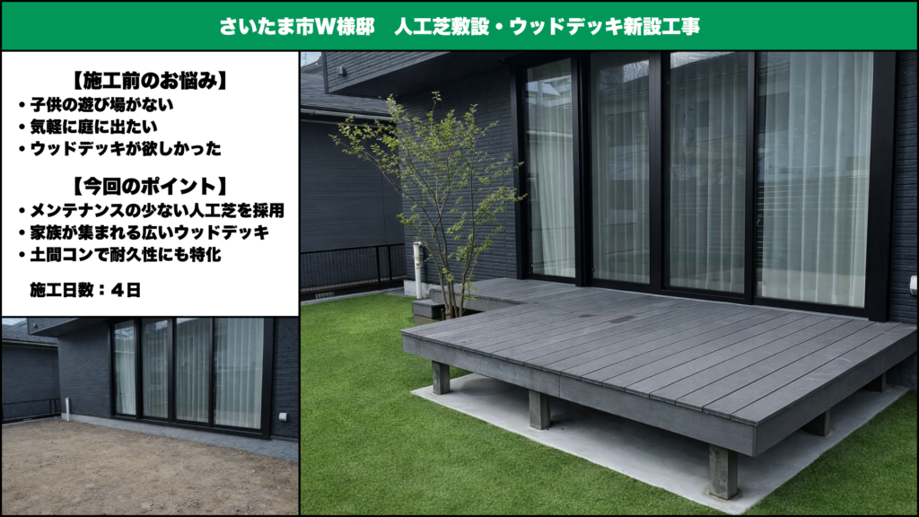 埼玉県さいたま市で外構工事を行うガイコーによるウッドデッキ施工例。建物との高さ関係や使い勝手を考慮した外構工事を行っています。