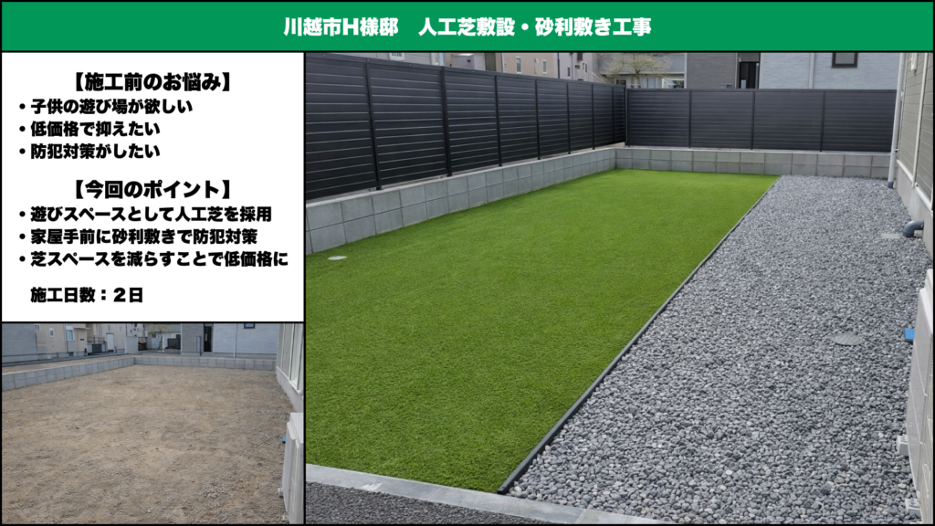 埼玉県さいたま市で外構工事を行うガイコーによる人工芝施工例。下地処理や排水まで考慮し、見た目と使いやすさのバランスを重視した外構工事を行っています。