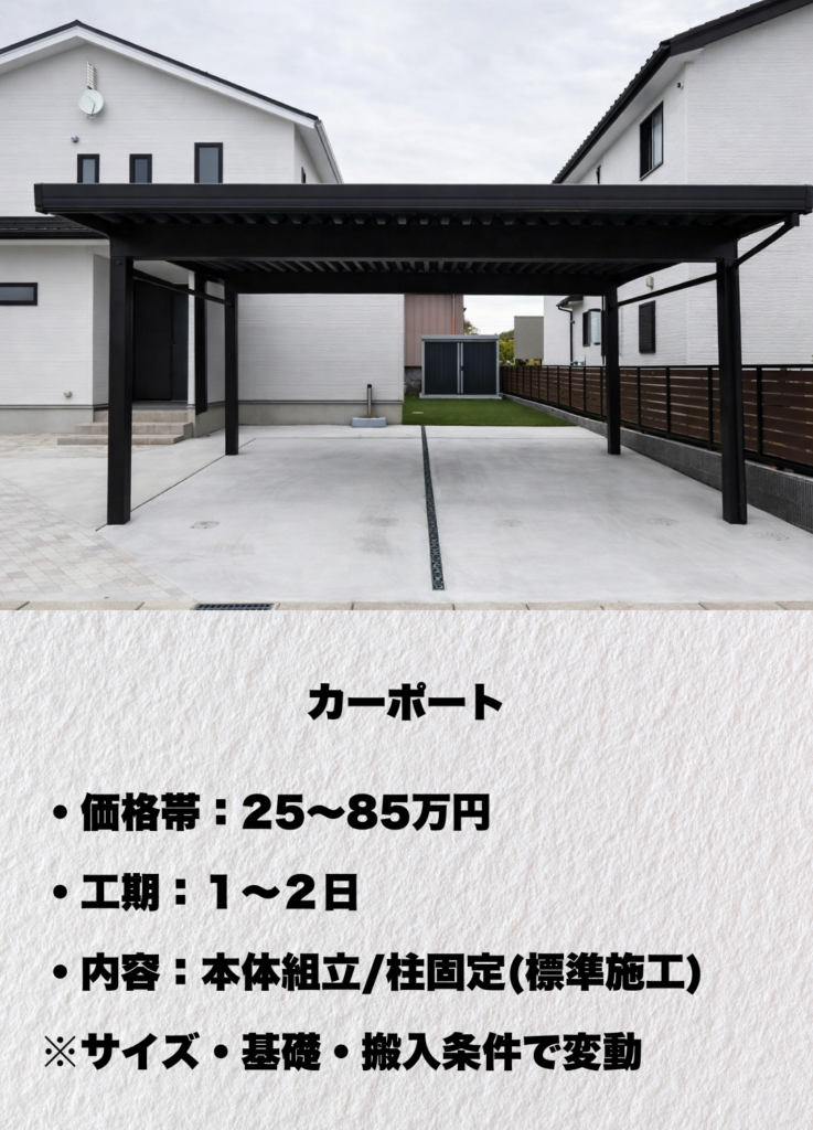埼玉県さいたま市で外構工事を手がけるガイコーによるカーポート設置の施工例。敷地条件や動線に合わせ、使いやすさを重視した外構工事を行っています。