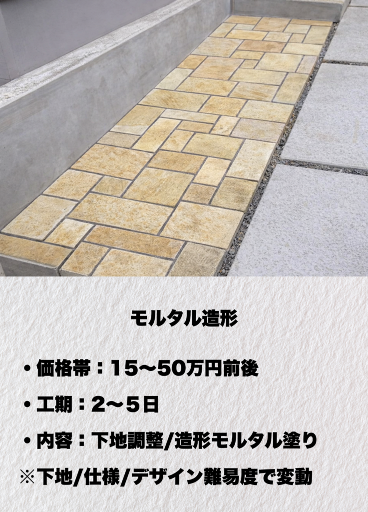 埼玉県さいたま市の外構専門店ガイコーによるモルタル造形の施工例。擬石や自然石風の質感を再現し、門柱やアプローチにデザイン性を加えた外構工事です。